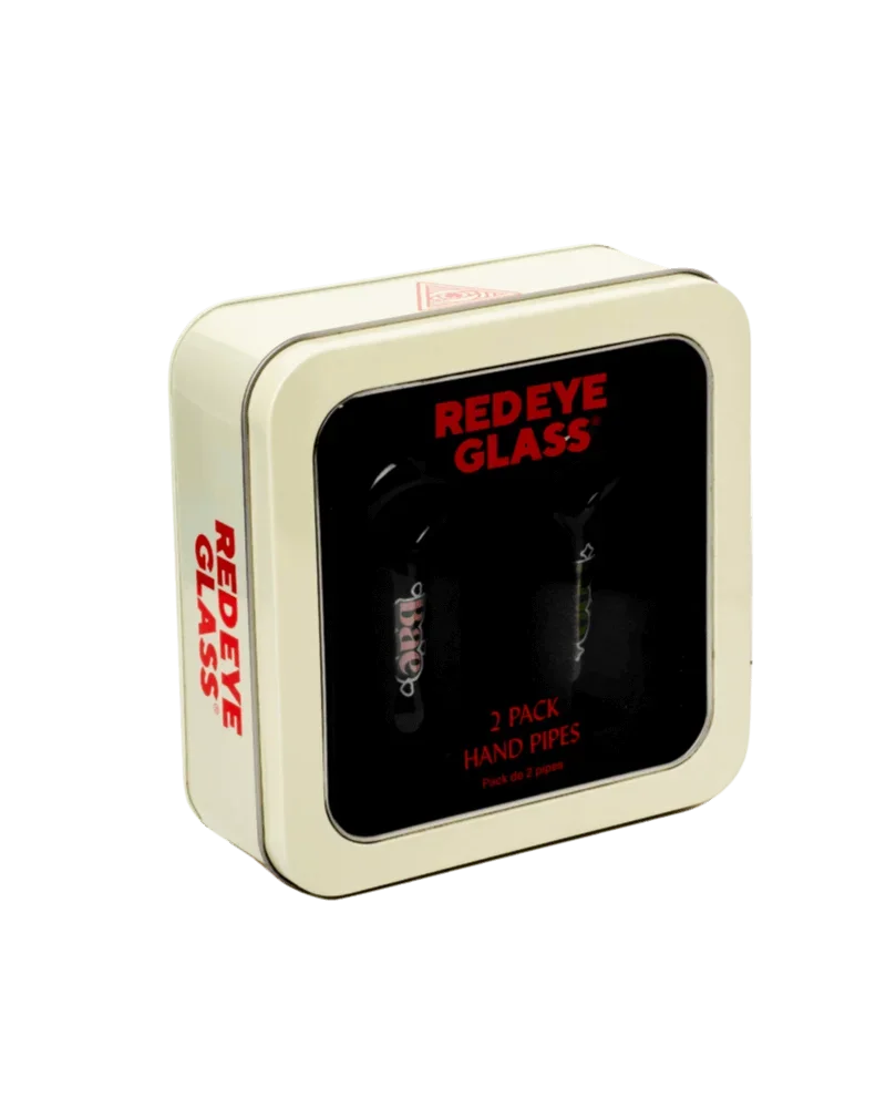 Red Eye Glass 2-pack hand pipes in cream-colored retail box with black window display and red branding