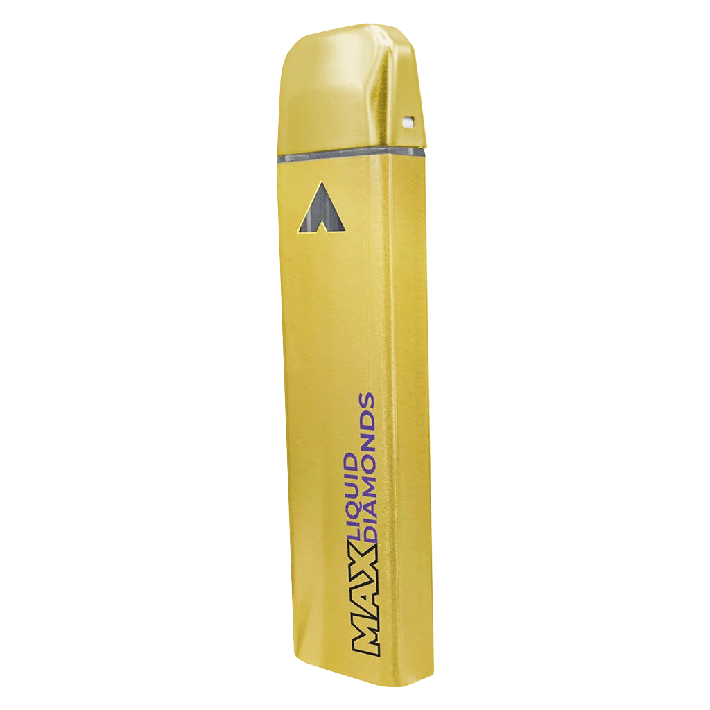 Weed Me Max Liquid Diamond Guava Passion Fruit disposable vape pen with yellow casing and dark triangle logo