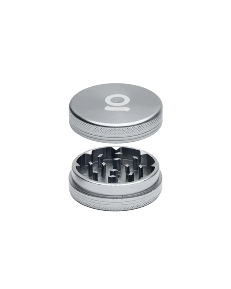 Ongrok 2-piece grinder, 2 inches, gun metal finish, shown assembled and disassembled to display teeth grinding chamber