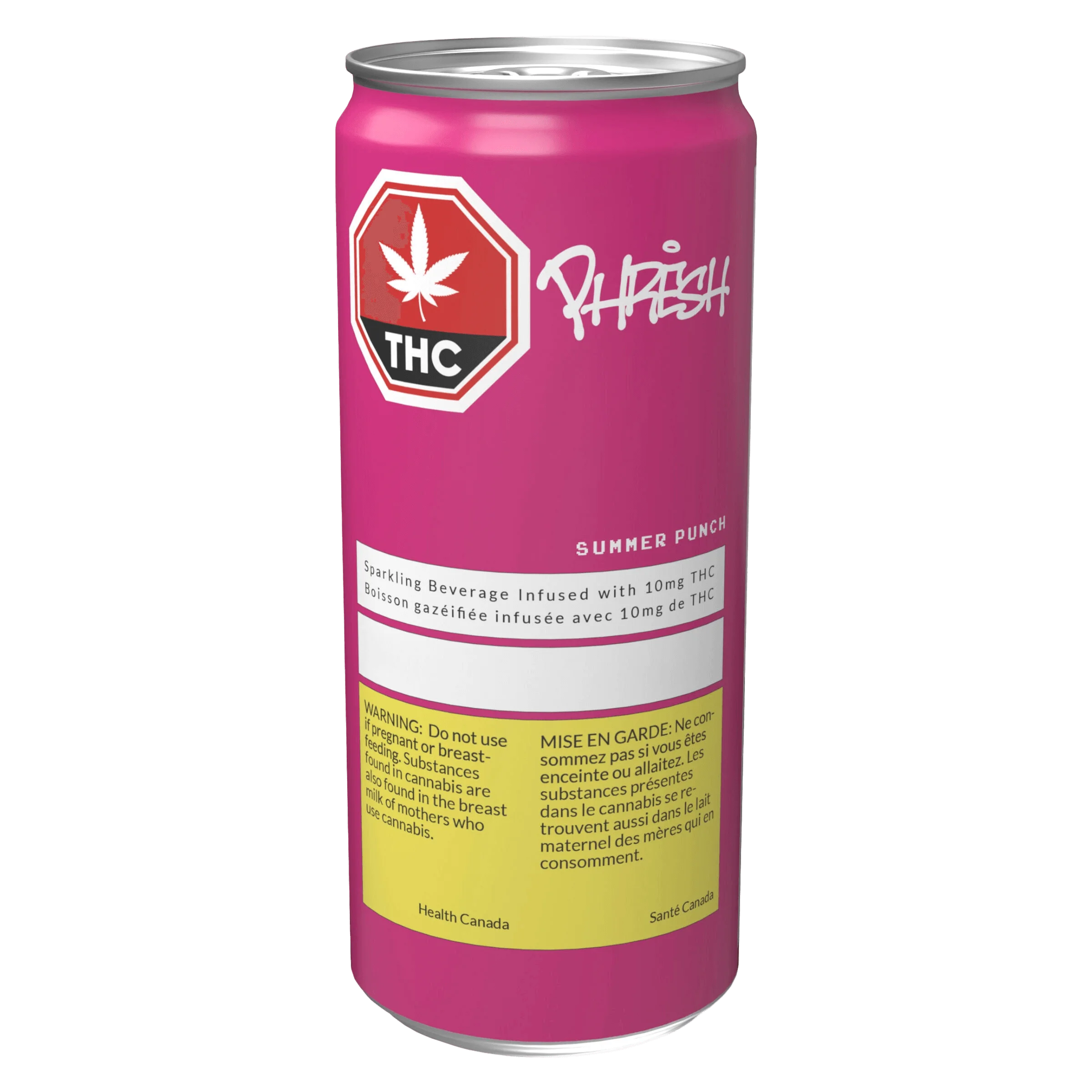 Phresh Summer Punch cannabis sparkling beverage, 10mg THC, magenta can with white and yellow warning labels