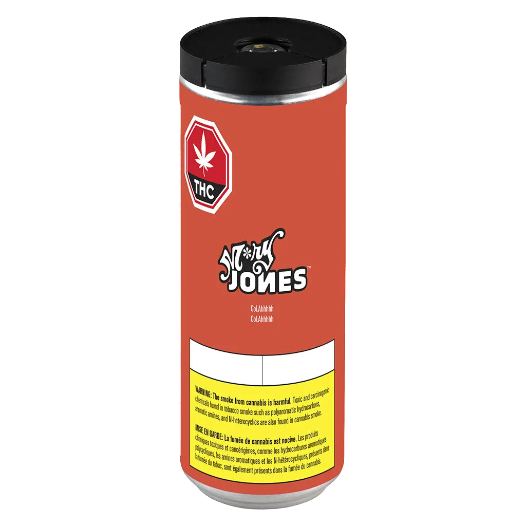 M*ry Jones Col.Ahhhhh cannabis beverage in red cylindrical can with black cap and yellow Health Canada warning label