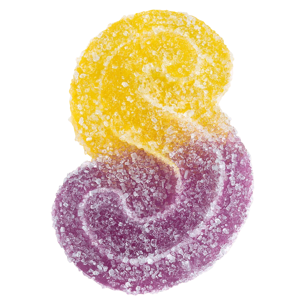 SOURZ by Spinach Peach Passionfruit 1:1 CBN THC gummy with yellow and purple sugar coating
