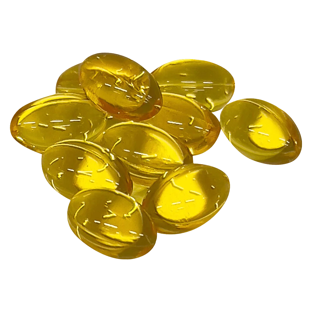 Glacial Gold Balanced 10:10 softgels, golden yellow capsules containing cannabis extract