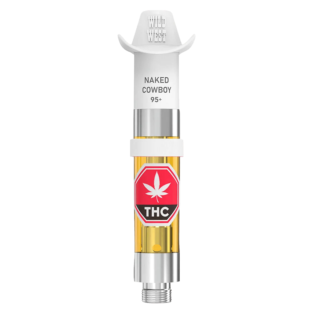 Cartouche de vapotage cannabis Naked Cowboy 95+ avec huile dorée, badge THC rouge et embout buccal surmonté d'un chapeau de cow-boy blanc