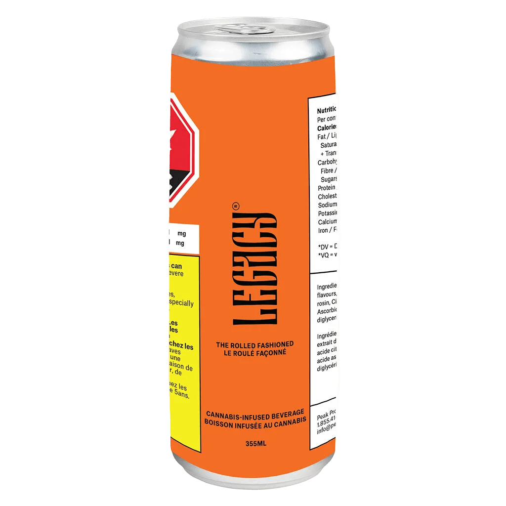 Legacy The Rolled Fashioned cannabis-infused beverage, 355ml can with orange label and black branding