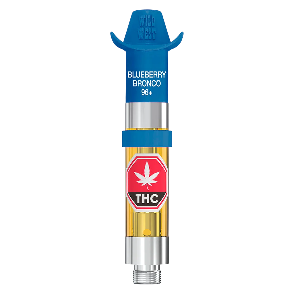 Wild West Blueberry Bronco 96+ cannabis vape cartridge with blue cowboy hat mouthpiece, gold chamber, and THC symbol label