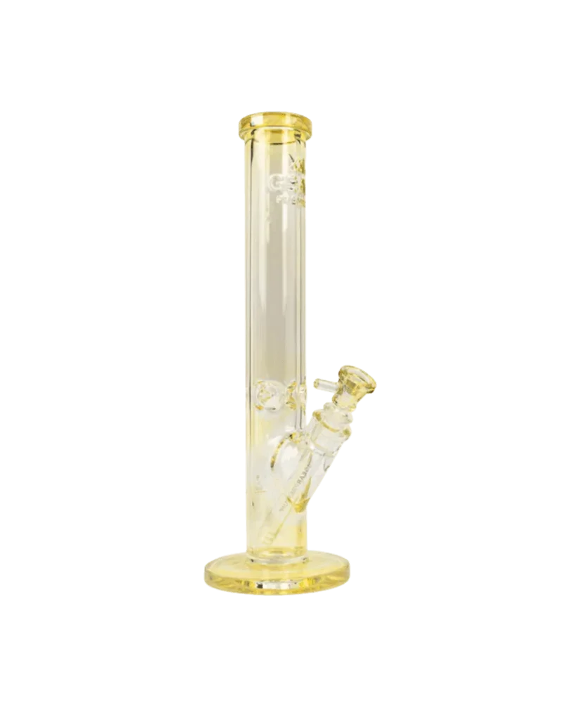 Gear Premium straight tube water bong with debossed logo, 7mm thick borosilicate glass, yellow tint, angled downstem and yellow base