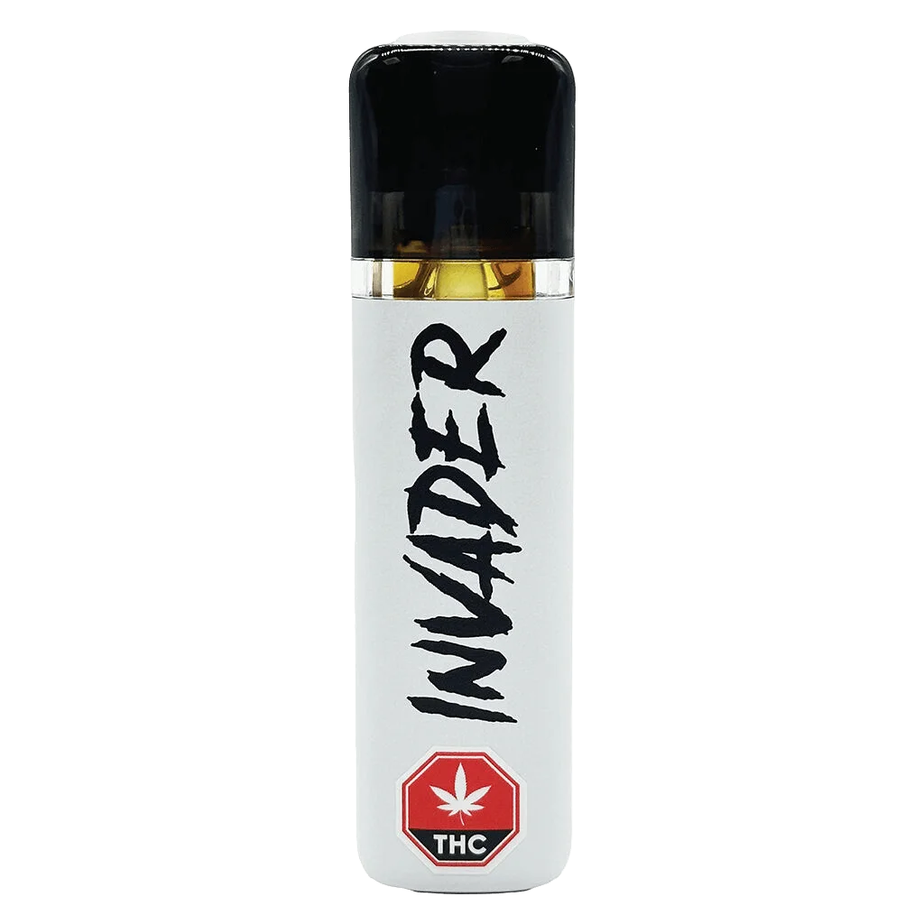 Invader Pure Live Rosin Bar disposable vape pen with black cap and white body showing amber concentrate visible through clear window
