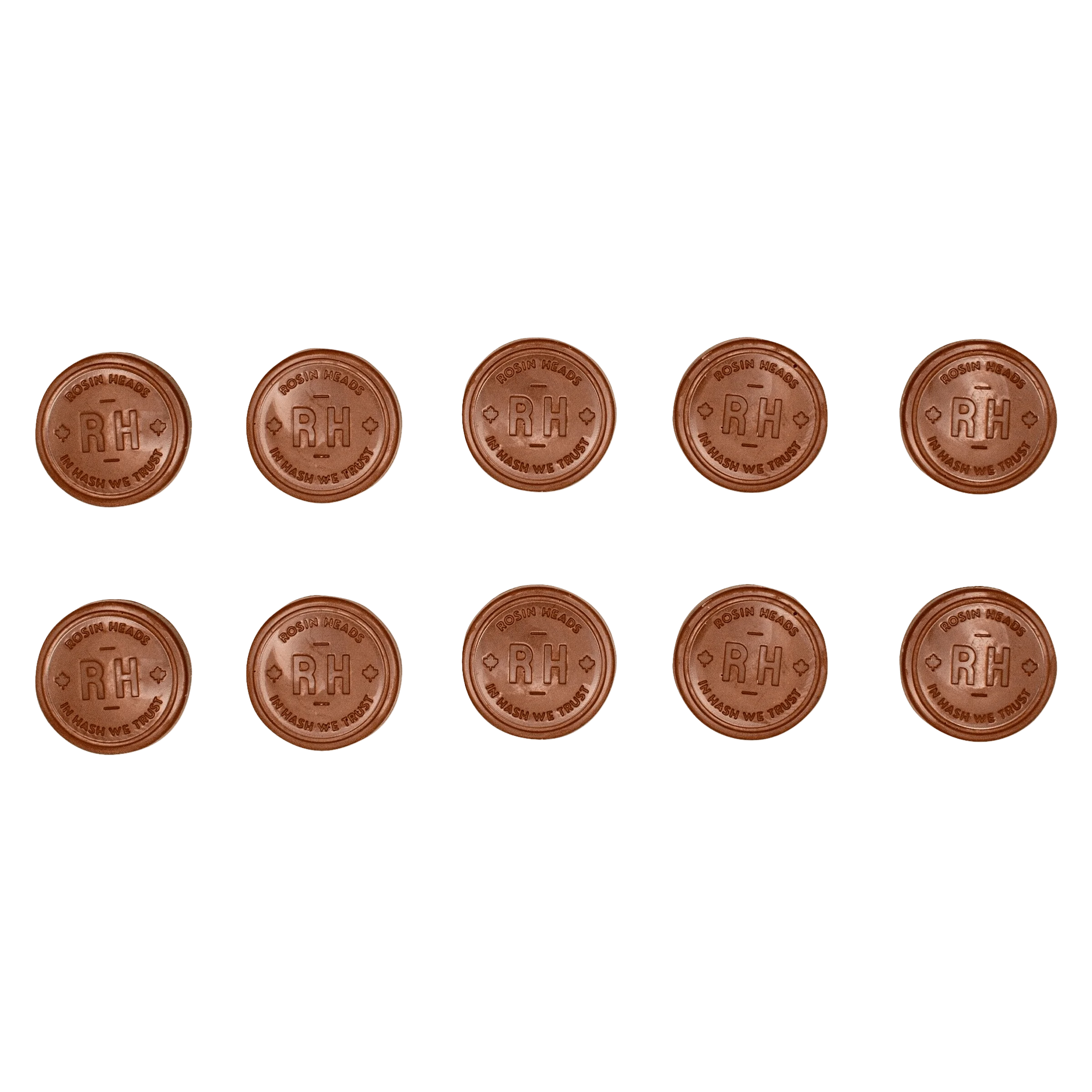 Rosin Heads milk chocolate hash rosin coins, set of 10 brown medallions embossed with RH logo