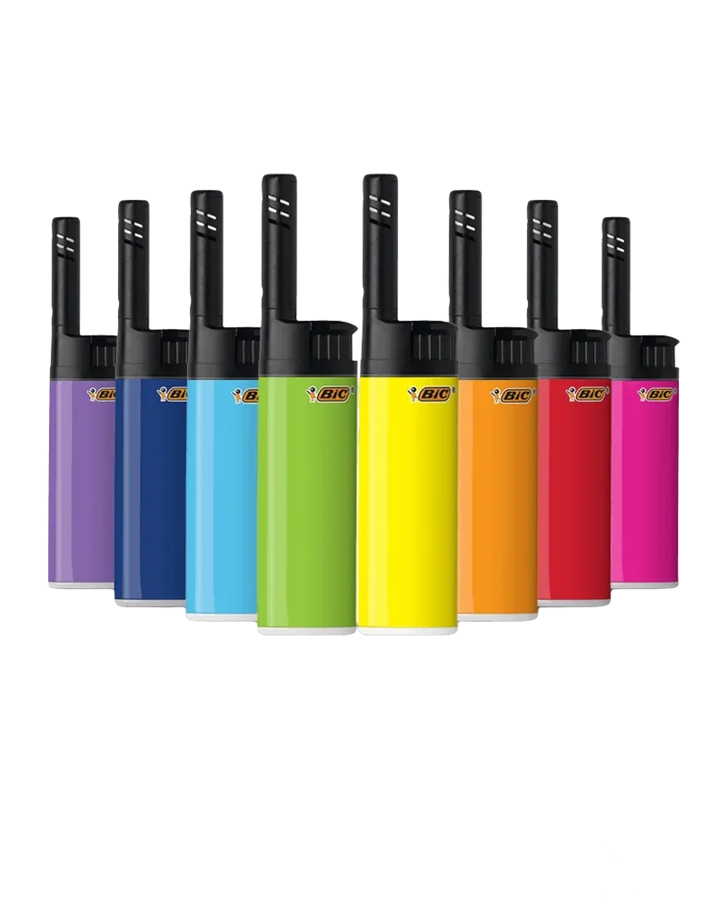 BIC lighter collection in eight colours: purple, dark blue, light blue, lime green, yellow, orange, red, and magenta