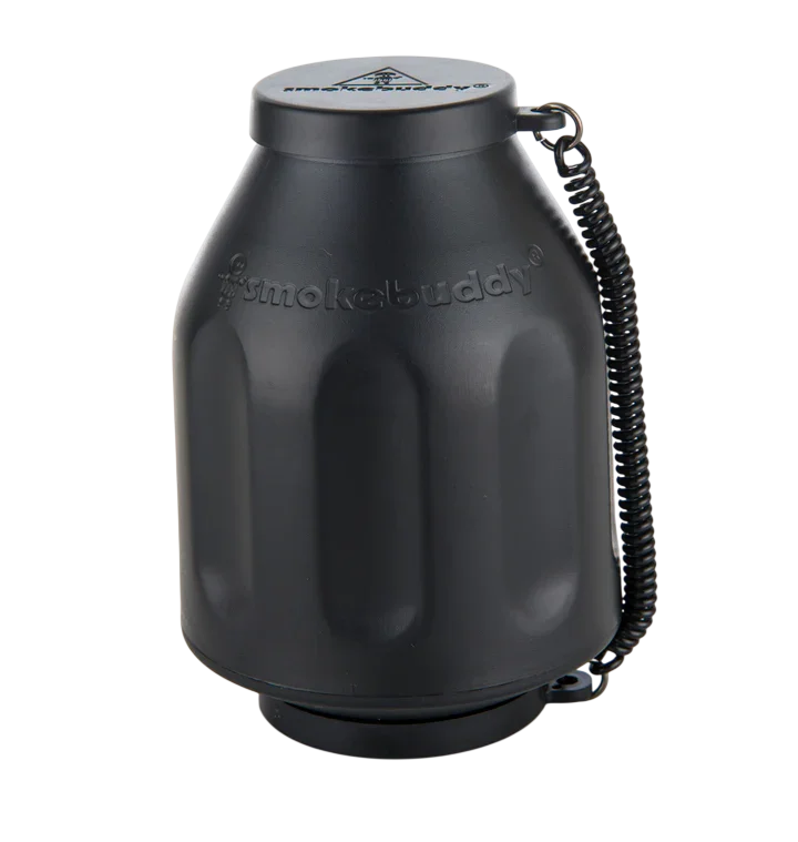 Smoke Buddy Original Personal Air Filter, black cylindrical device with coiled carry strap
