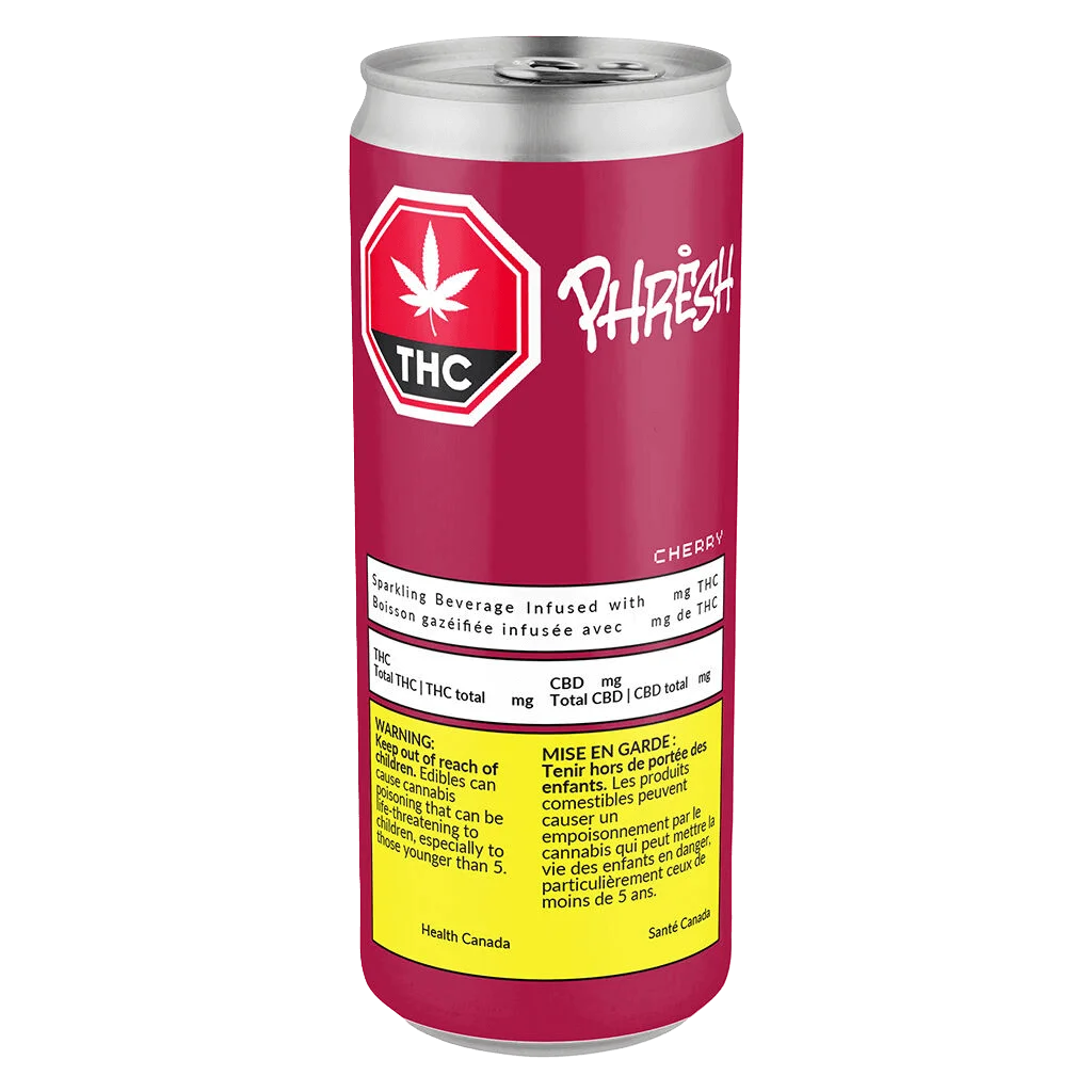 Phresh Cherry THC sparkling beverage in aluminum can with red label and Health Canada warning