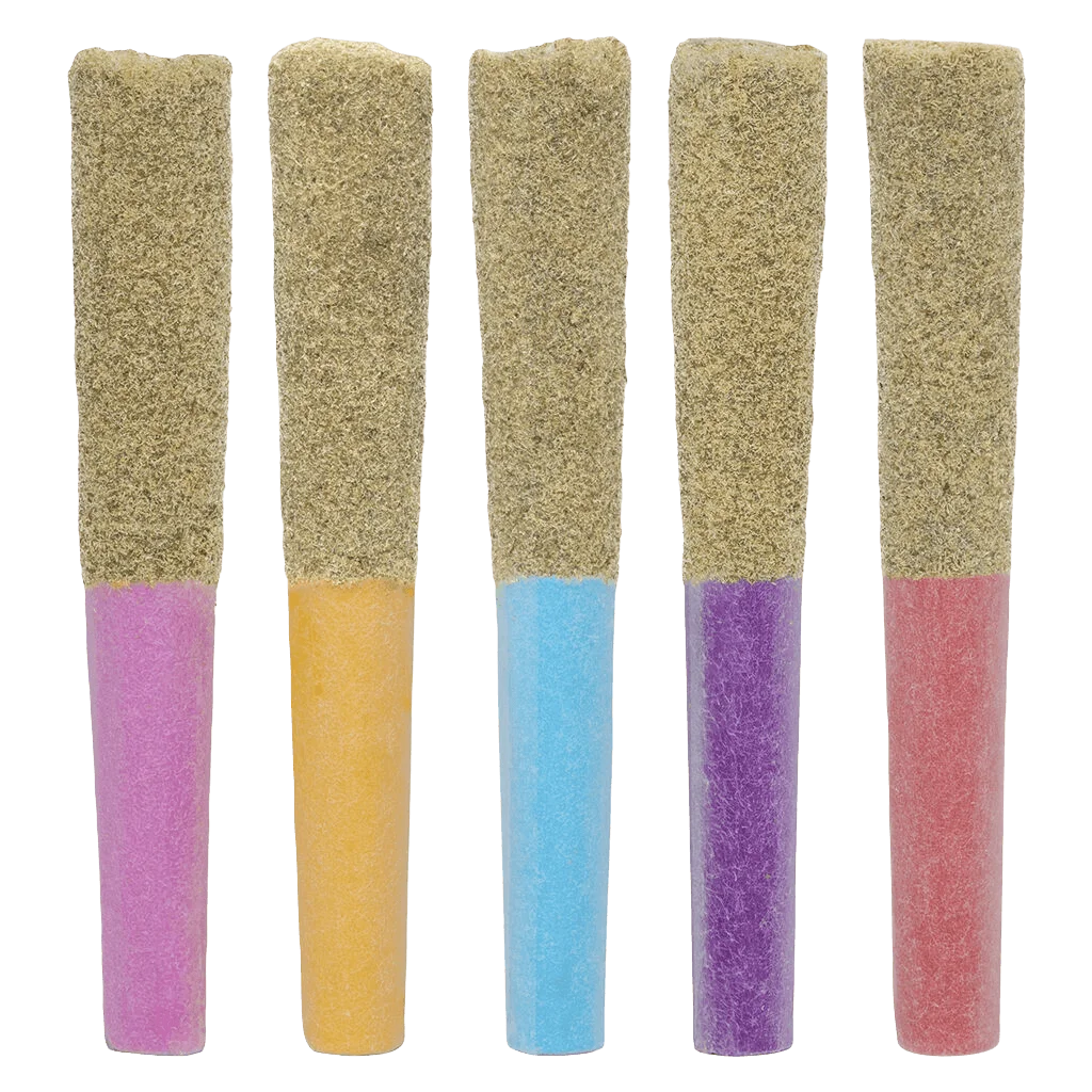 High Stick Starting Five Infused Pre-Roll pack with five pre-rolls displaying pink, yellow, blue, purple, and coral-coloured tips