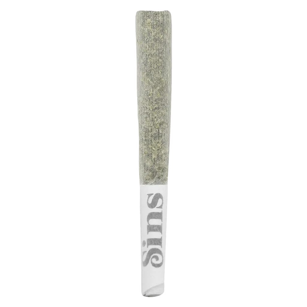 Sixty Seven Sins 67 Artisan Reserve pre-roll with light green cannabis flower and white filter tip