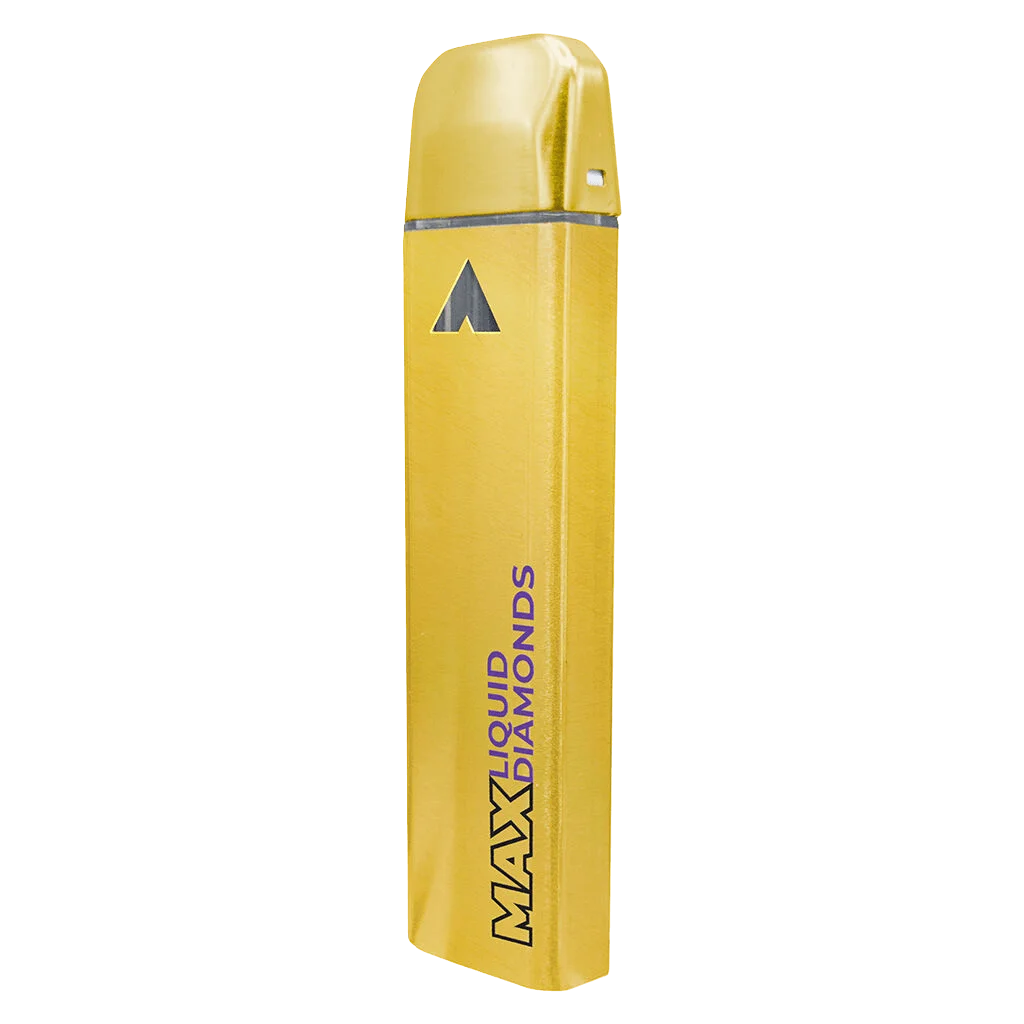 Weed Me Max Liquid Diamond Honey Berry Blast disposable vape pen, yellow with dark grey logo and purple text