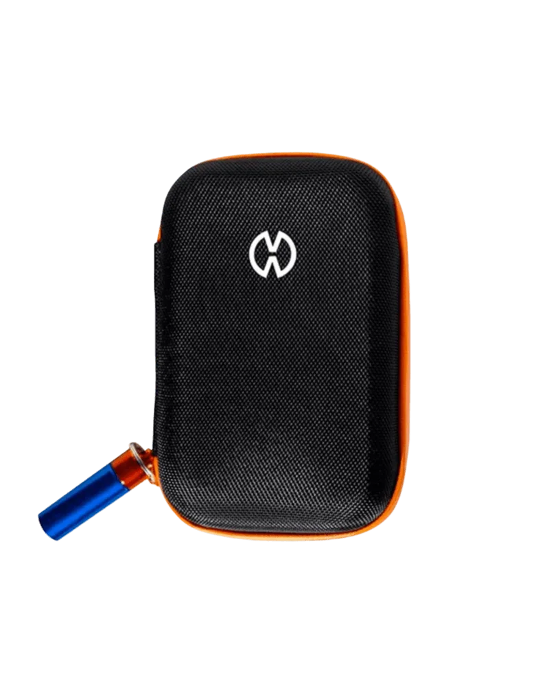 Storz & Bickel protective carrying case with black mesh exterior, orange trim, and branded logo, shown with blue keychain attachment