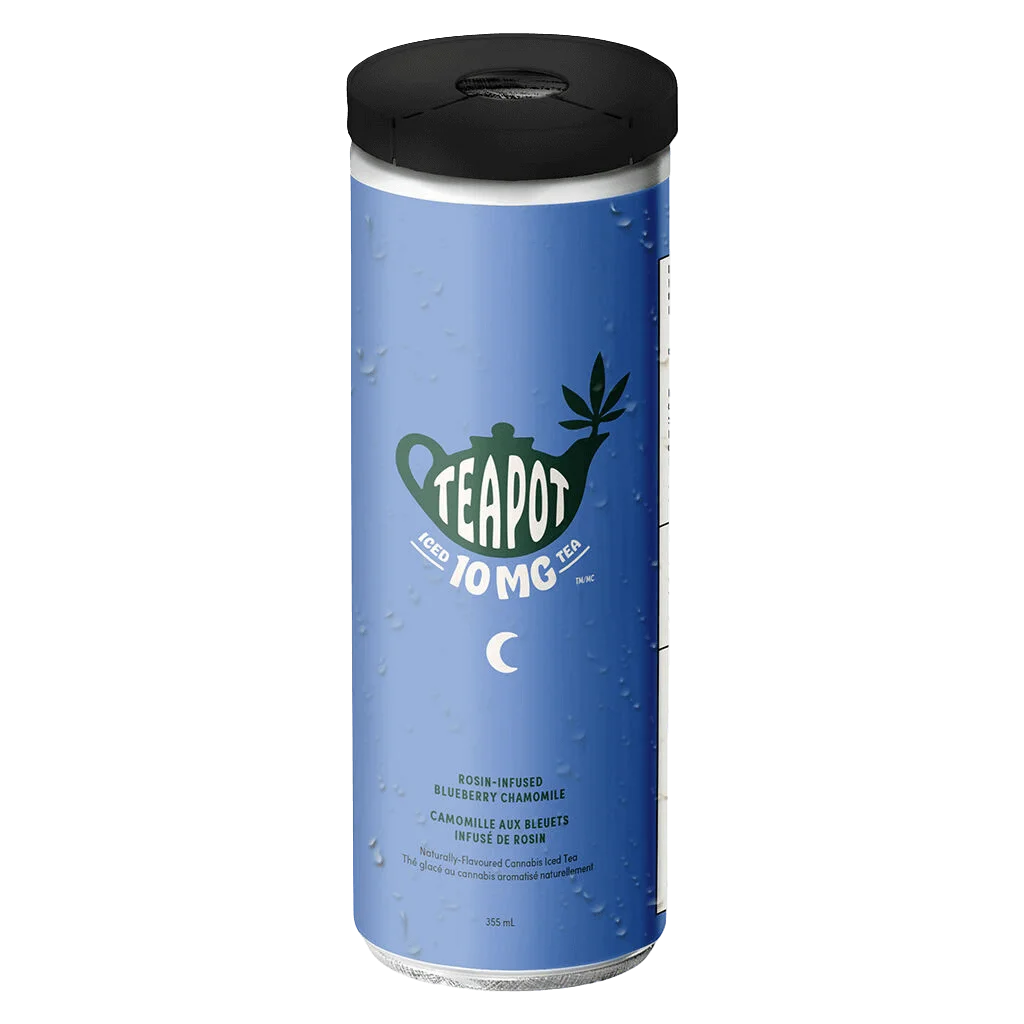 Teapod Iced 10mg cannabis beverage, rosin-infused blueberry chamomile tea, 355ml can with black lid