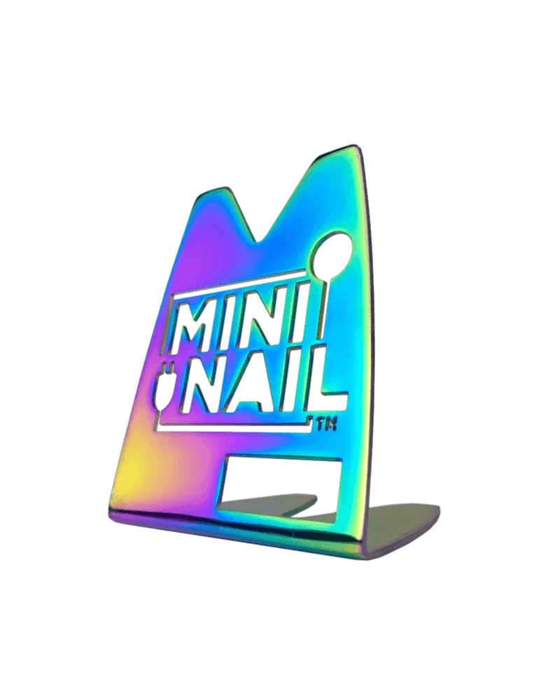 MiniNail holographic eNail coil stand with iridescent blue, purple, and yellow gradient finish