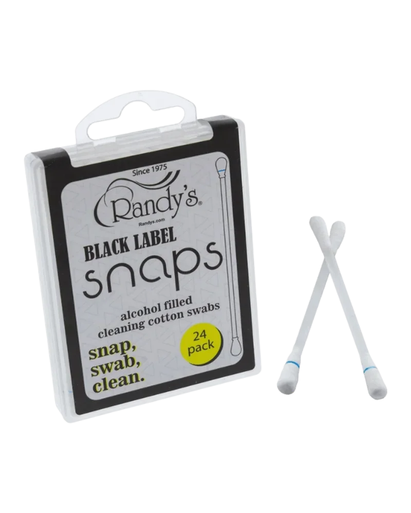 Randy's Black Label Snaps 24-pack alcohol-filled cleaning cotton swabs with packaging displayed