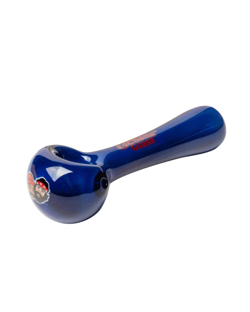 Cheech & Chong Glass Sun Kings hand pipe, 4.5 inches, blue glass with red logo detail and bowl