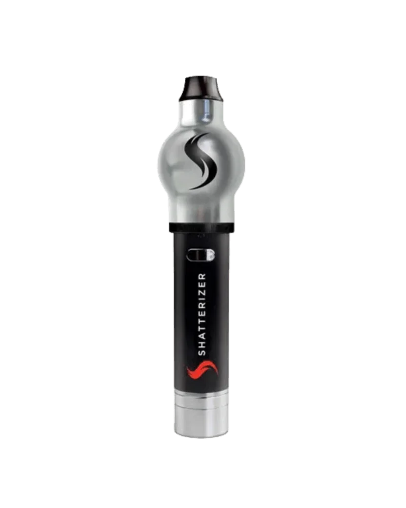 Shatterizer Silver cannabis vaporizer with black grip, silver globe chamber, and black mouthpiece against white background