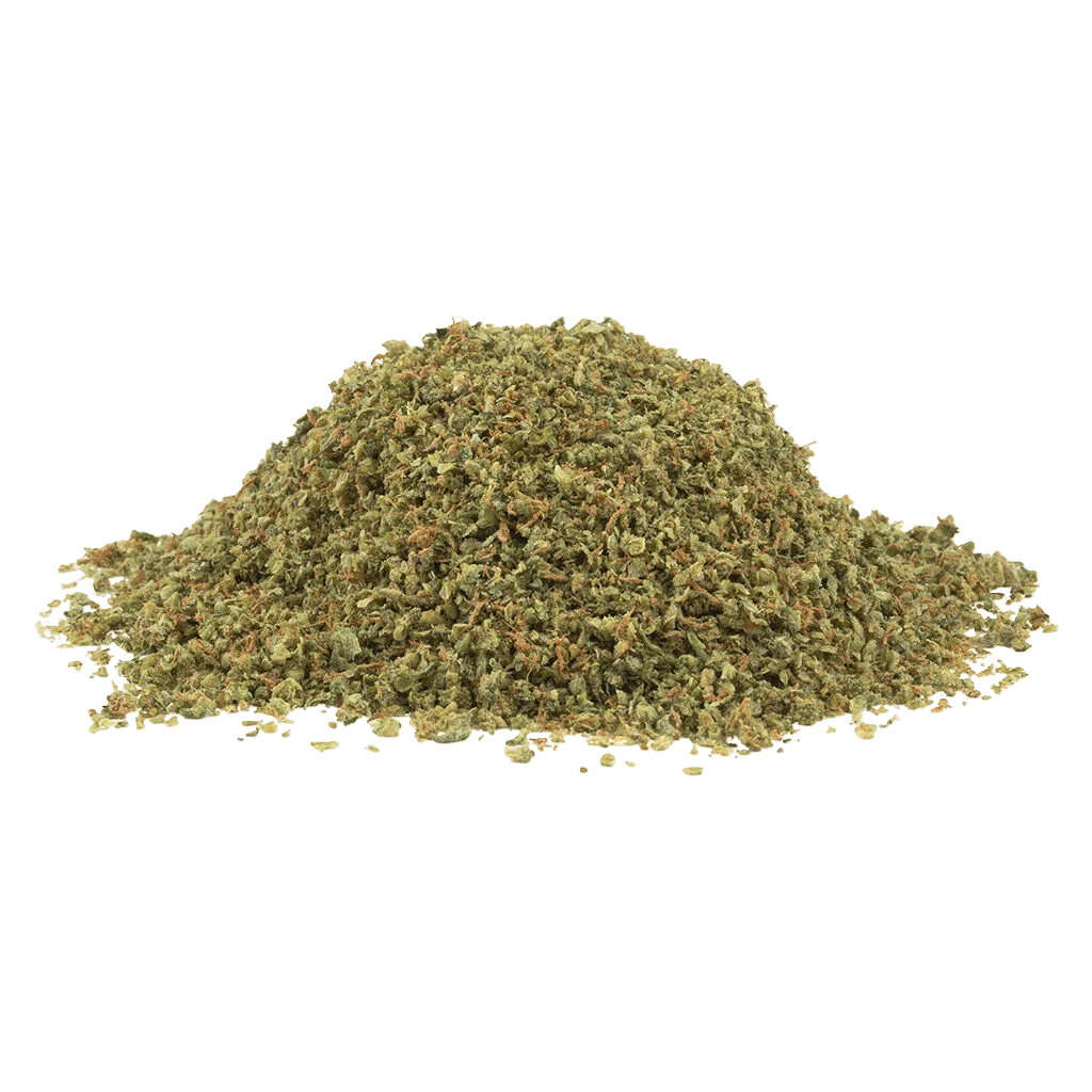 SHRED Gnarberry dried flower cannabis, finely ground texture with green and brown coloration