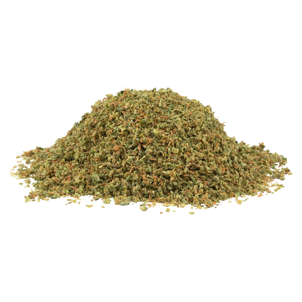 Fleur séchée de cannabis Gnarberry SHRED, texture finement moulue aux teintes vertes et brunes