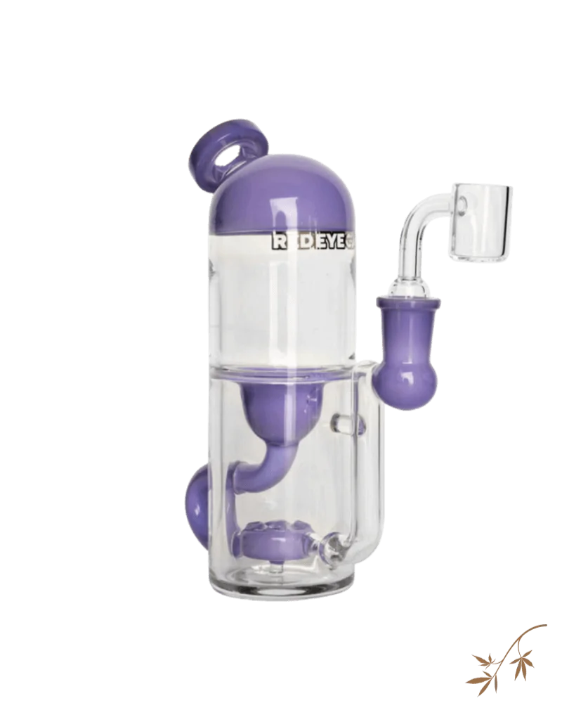 Red Eye Tek Alpha concentrate incycler with 5-hole disc percolator, 7 inches tall, purple and clear glass with matching bowl piece