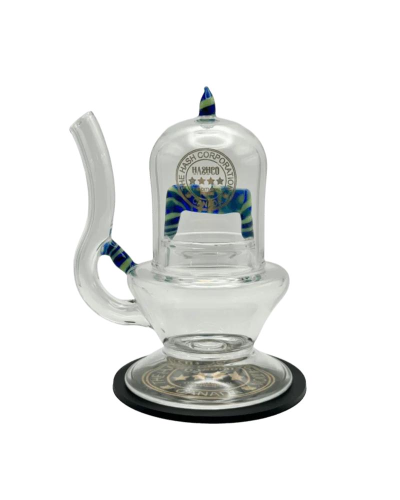 HashCo Hash Lantern glass water pipe with blue and green striped accents and black base