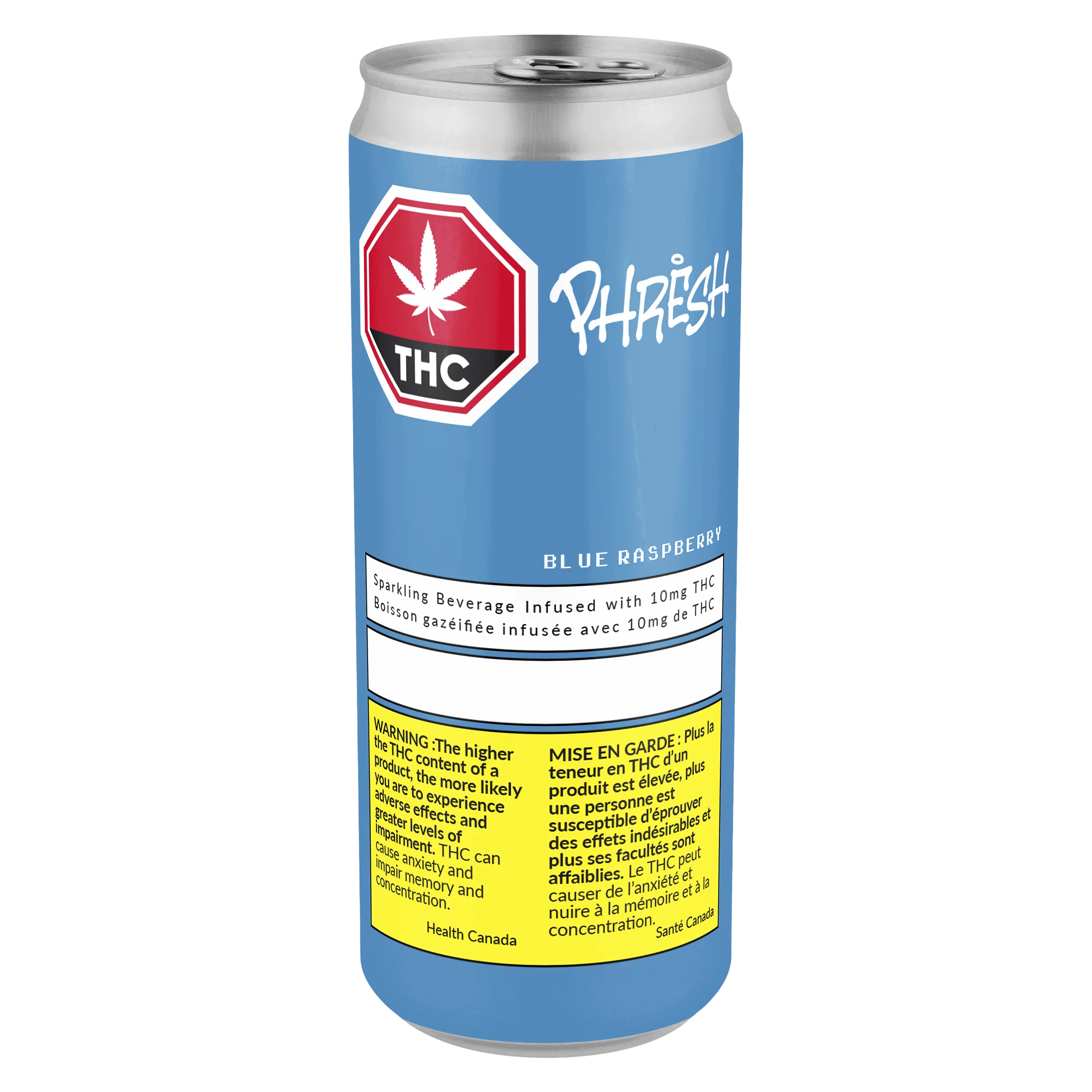 Phresh Blue Raspberry sparkling beverage infused with 10mg THC in a 355ml aluminum can
