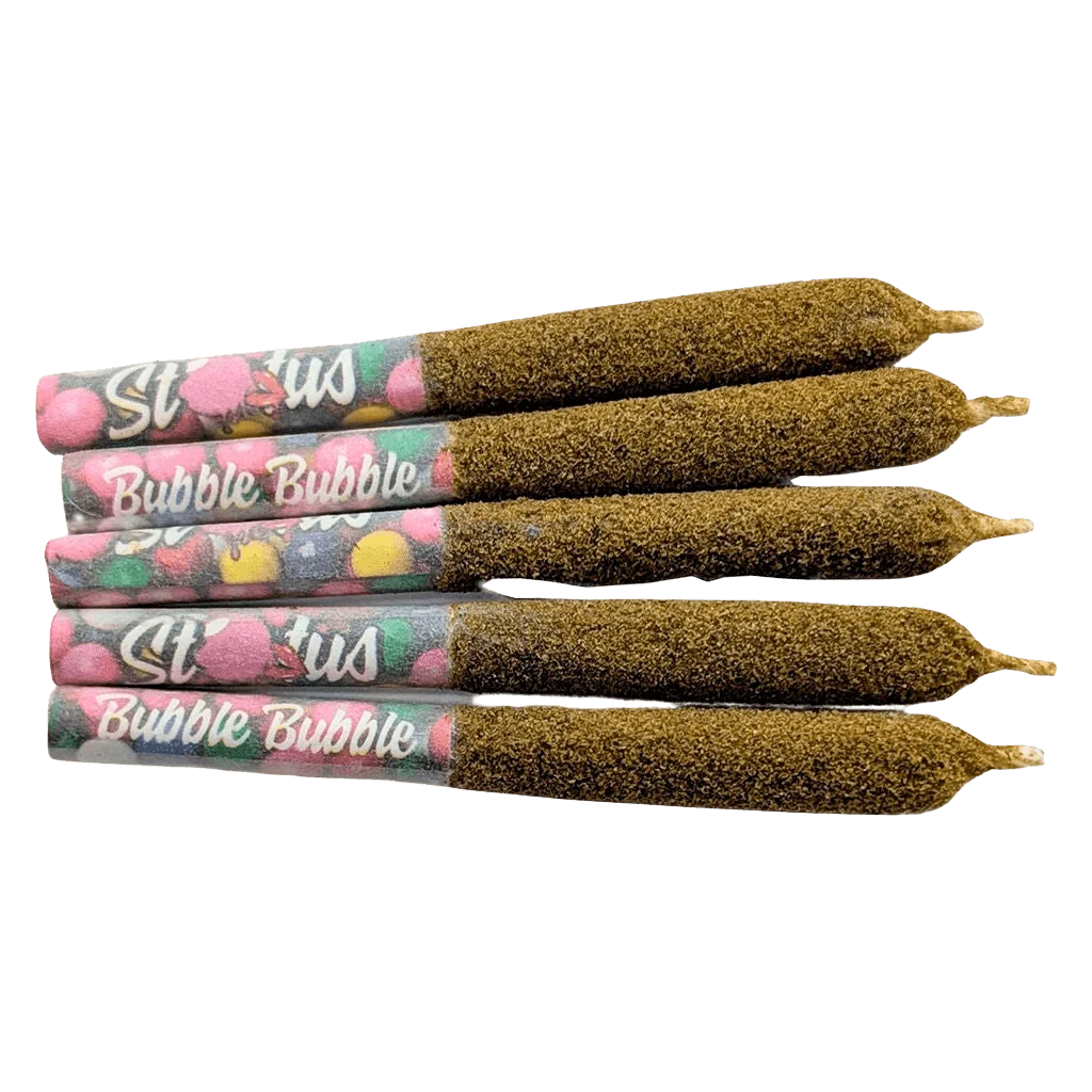 Status Bubble Bubble Liquid Diamond Infused Kief Coated Pre-Roll 5-pack with pink and multicolour packaging labels