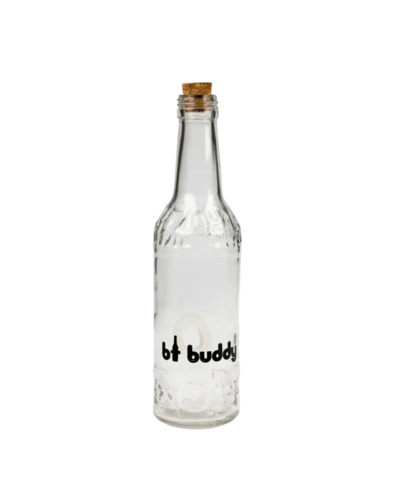 BT Buddy glass toke bottle with cork stopper, clear glass smoking accessory