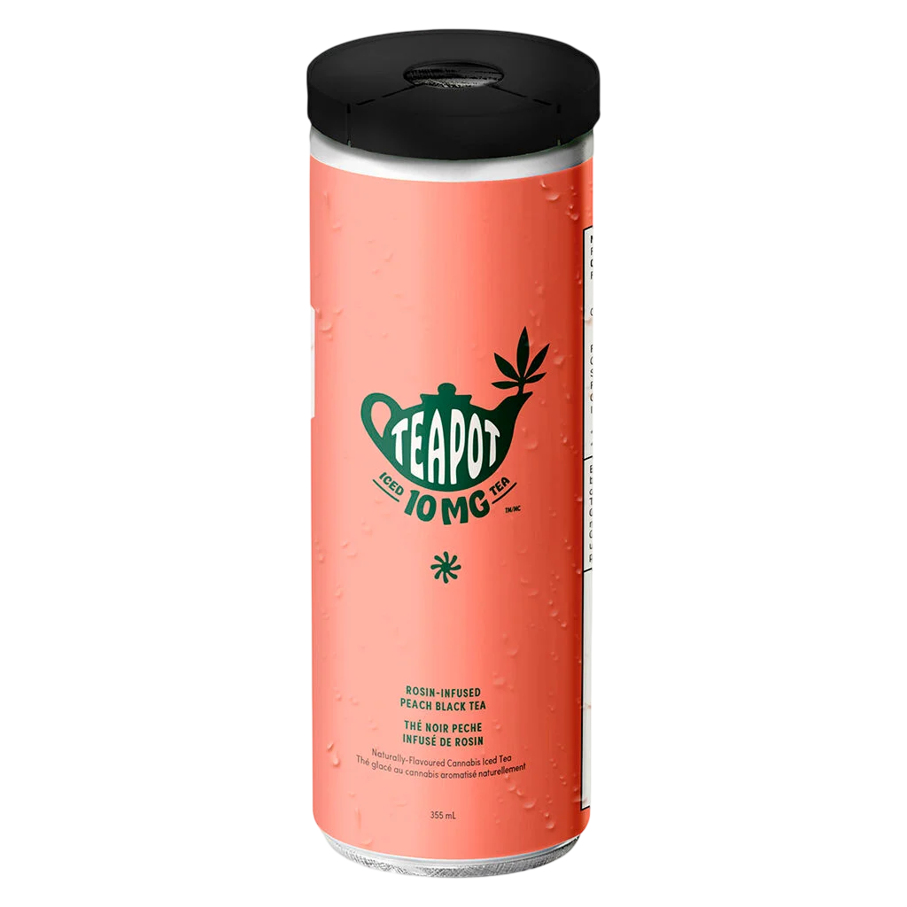 Teapot rosin-infused peach black tea, 10mg THC, 355mL cannabis beverage can with coral label