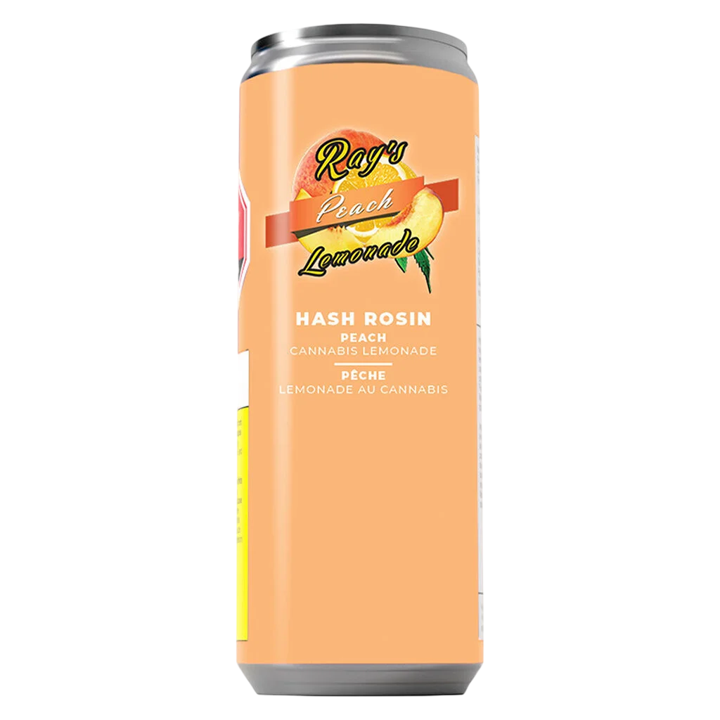 Ray's Peach Lemonade cannabis beverage in tall can with peach and lemon imagery on orange label