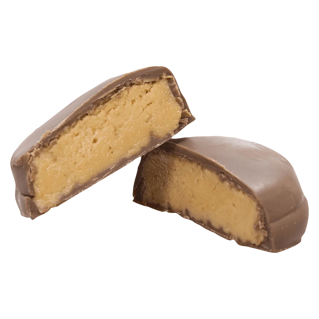 Balcony 1:1 Peanut Butter Bites cannabis chocolates, two pieces showing peanut butter filling inside dark chocolate shell