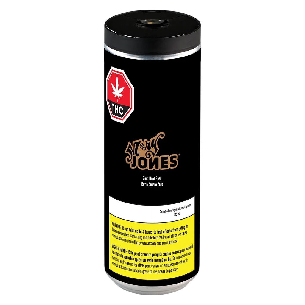Mary Jones Zero Boot Rear cannabis beverage, 355 mL can with black label, red THC warning symbol, and yellow Health Canada warning band