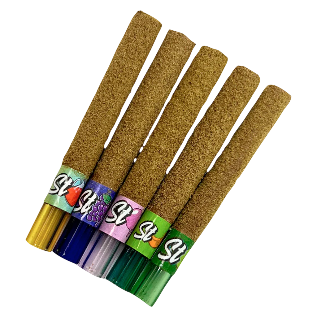 Status Liquid Diamond Infused Kief Coated Blunt Mix Pack with five pre-rolls featuring colorful band labels and golden kief coating