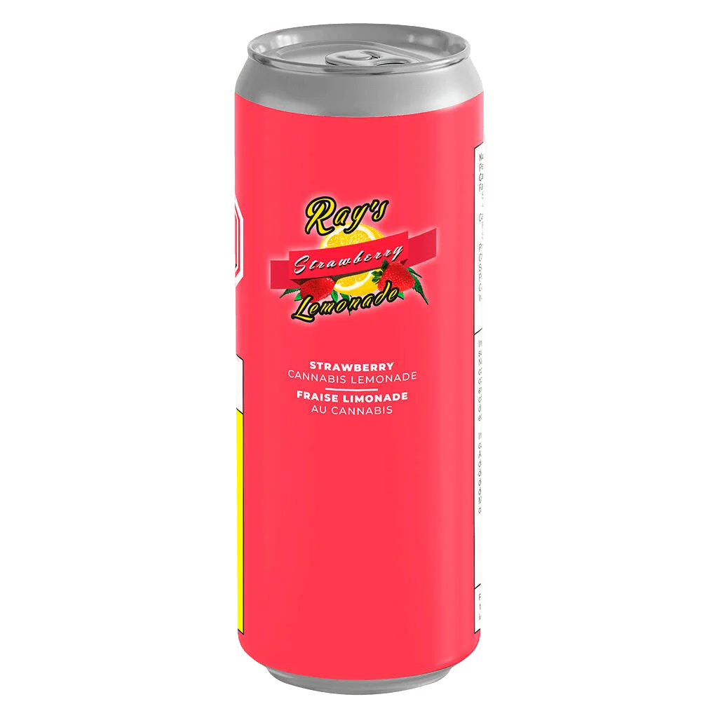 Ray's Strawberry Lemonade cannabis beverage in bright pink can with silver top