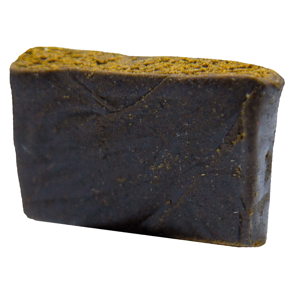 Sage n' Sour Hash by MTL Cannabis, dark charcoal-colored block with golden-brown surface texture, cannabis concentrate product