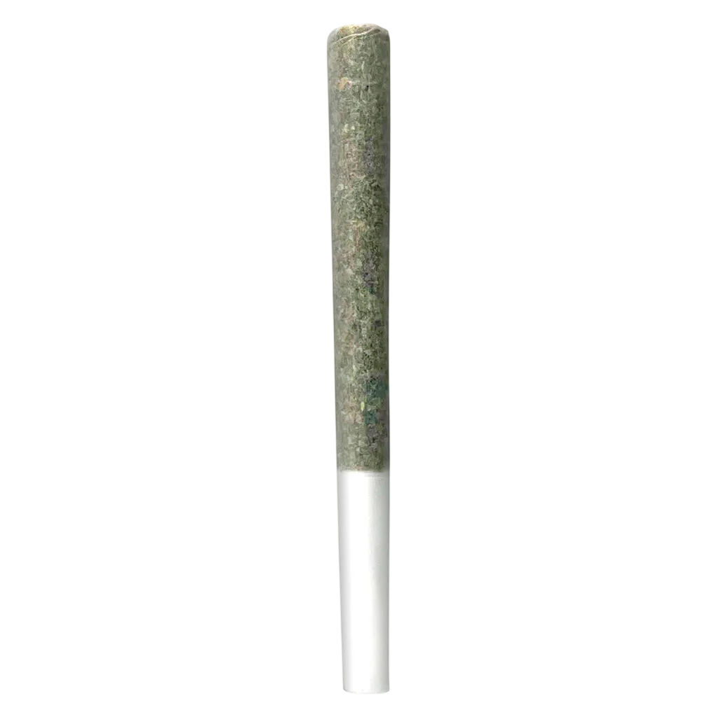Irony Penny Puffer hash-infused pre-roll with green kief coating and white filter tip
