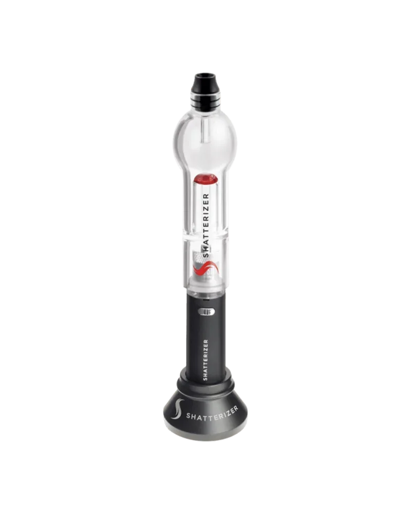 Shatterizer cannabis vaporizer with clear glass chamber, black base and mouthpiece, red indicator lights visible