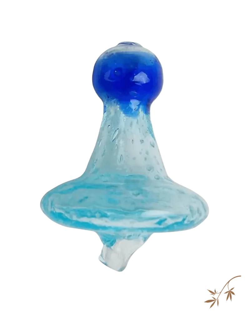 Blue and clear glass cannabis pipe with bulbous top and wide disc-shaped base