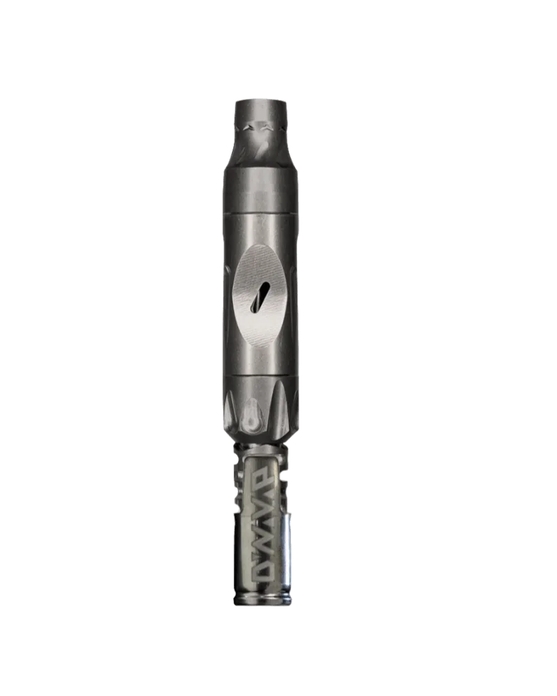 Dynavap Vong (i) desktop vaporizer with stainless steel cap and mouthpiece, assembled on white background