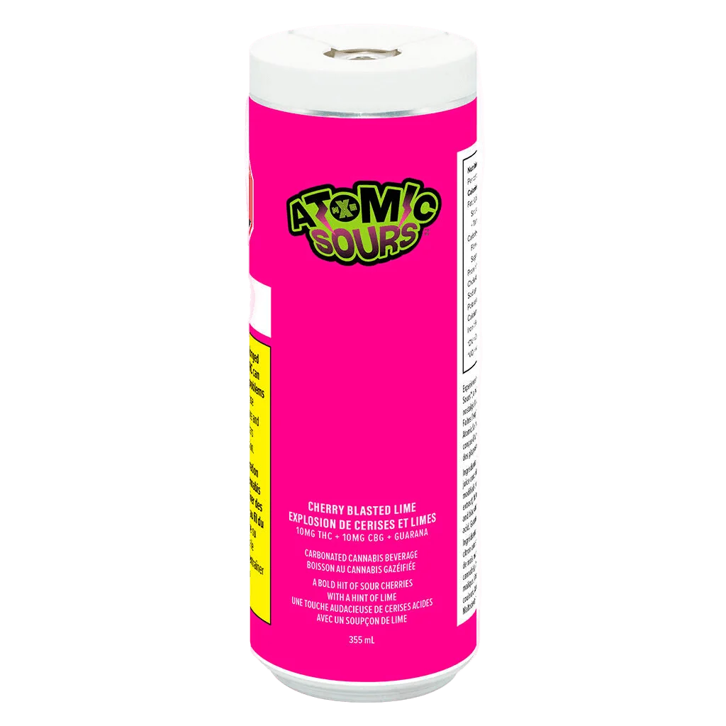 Atomic Sours Cherry Blasted Lime 355ml cannabis beverage can with bright pink label and lime green branding