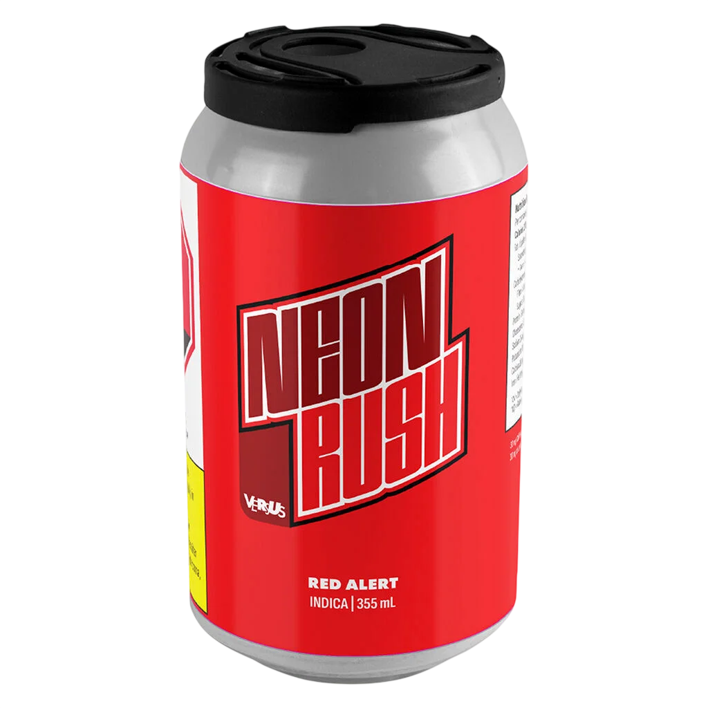 Neon Rush Red Alert cannabis beverage, 355 mL indica drink in red can with black top
