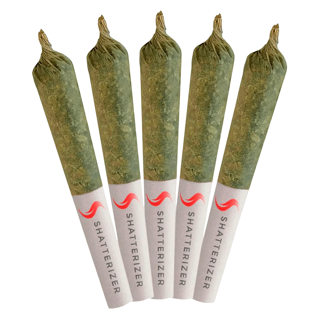 Shatterizer Shatter Infused Pre-Roll 5-pack with twisted paper cones filled with cannabis flower and shatter concentrate