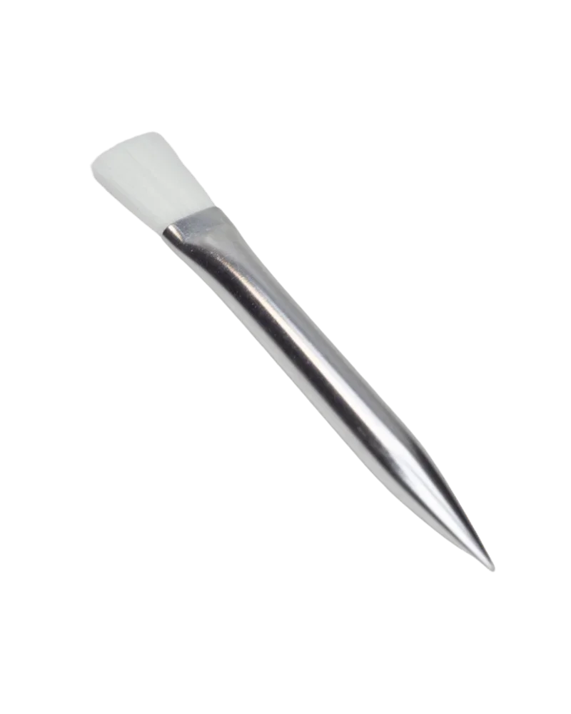Buddies Grinders brush with white synthetic bristles and metal handle for cleaning cannabis grinders
