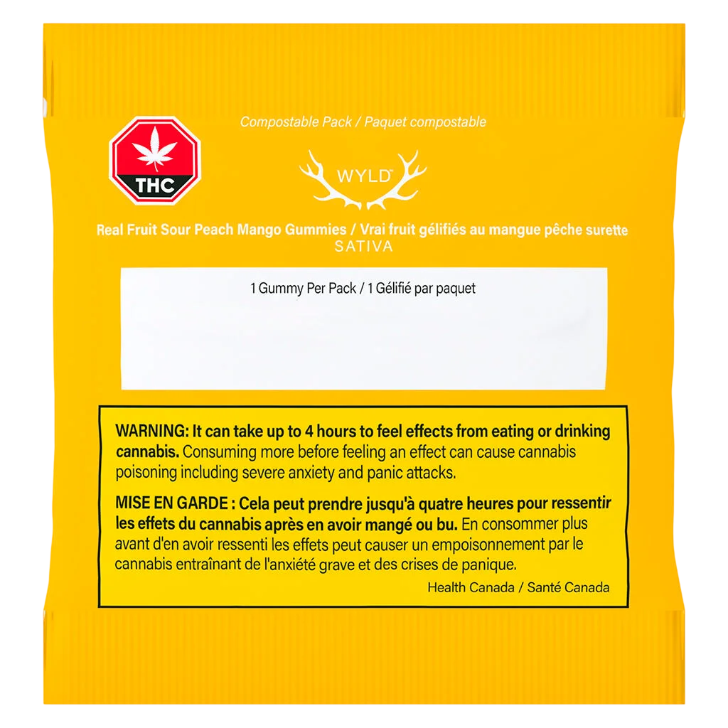 Gomme Wyld Real Fruit Sour Peach Mango Sativa avec enrobage de sucre, comestible au cannabis