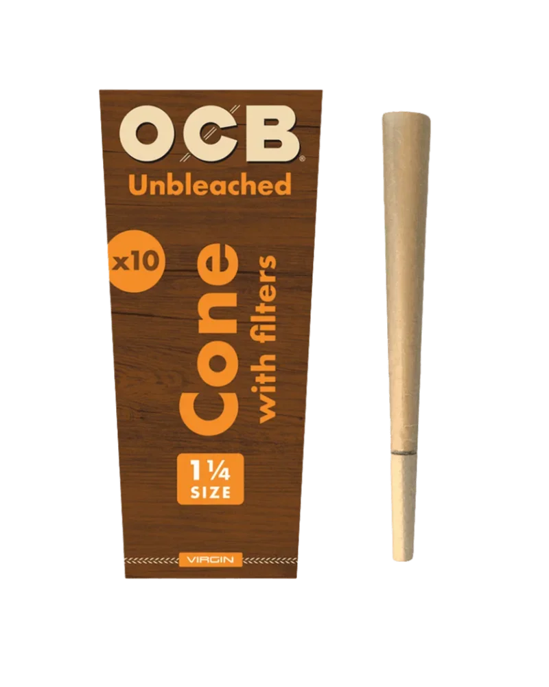 OCB Virgin Unbleached 1 1/4 size pre-rolled cones with filters, 10-pack, displayed with packaging and single cone