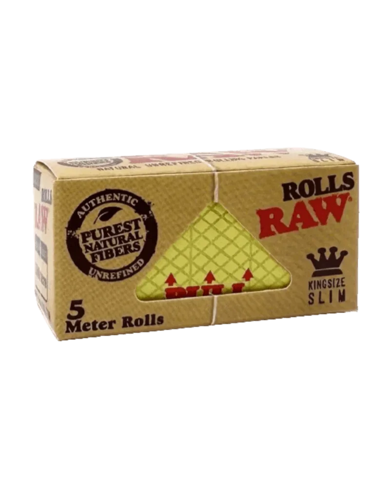 RAW Classic King Size Slim rolling papers, 5 meter rolls pack with natural fiber packaging